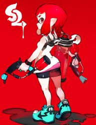 Rule 34 | 1girl, back, bike shorts, blunt bangs, breasts, dual wielding, from behind, full body, holding, ink tank (splatoon), inkling, inkling girl, inkling player character, layered clothes, looking at viewer, looking back, nintendo, pointy ears, red background, red eyes, shoes, simple background, small breasts, sneakers, solo, splat dualies (splatoon), splatoon (series), splatoon 2, tank top, toridamono