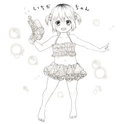 Rule 34 | 1girl, absurdres, alternate costume, alternate hairstyle, bad id, bad pixiv id, bare arms, bare shoulders, barefoot, bikini, blush, child, commentary request, frills, full body, greyscale, hair bobbles, hair ornament, highres, holding, holding water gun, kaneki ichika, monochrome, multicolored hair, navel, open mouth, short hair, simple background, smile, solo, sparkle, stomach, swimsuit, tokyo ghoul, tokyo ghoul:re, toukaairab, translation request, two-tone hair, water gun, white background