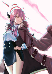 Rule 34 | 1girl, aru (blue archive), black skirt, blue archive, breasts, coat, commentary request, fur-trimmed coat, fur trim, halo, hand on own hip, highres, koseikogani, long hair, long sleeves, medium breasts, neck ribbon, orange eyes, pink hair, red coat, red ribbon, ribbon, shirt, side slit, simple background, skirt, solo, white shirt