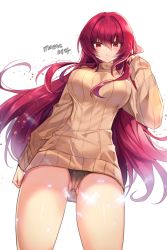 Rule 34 | 1girl, bad id, bad pixiv id, breasts, cameltoe, cleft of venus, expressionless, fate/grand order, fate (series), highres, large breasts, long hair, looking at viewer, maett, panties, pantyshot, purple hair, red eyes, ribbed sweater, scathach (fate), solo, standing, sweater, underwear, white background