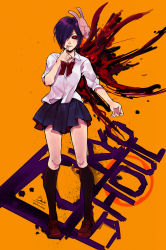 Rule 34 | 10s, 1girl, bachi chan, biting, black sclera, black socks, blood, blood stain, blue skirt, bow, colored sclera, copyright name, dated, explosion, facing viewer, full body, hair over one eye, highres, kagune (tokyo ghoul), kirishima touka, kneehighs, knees, loafers, looking at viewer, mask, mask on head, unworn mask, orange background, purple hair, rabbit mask, red bow, red eyes, red pupils, school uniform, shirt, shoes, signature, simple background, skirt, socks, solo, thumb biting, tokyo ghoul, white shirt