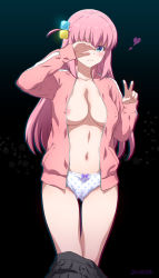 Rule 34 | 1girl, areola slip, black background, bocchi the rock!, breasts, cleavage, covered erect nipples, cube hair ornament, gotoh hitori, hair ornament, highres, jacket, joy ride, large breasts, legs, looking at viewer, navel, open clothes, open jacket, panties, pink hair, simple background, solo, thighs, underwear, v