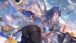 Rule 34 | 2girls, against railing, animal ears, ass, azur lane, bare shoulders, bird, black pantyhose, blue eyes, blue hair, bodysuit, bodysuit under clothes, breasts, cleavage, cloud, coat, company name, copyright name, dress, fox girl, grey eyes, hair flowing over, headgear, high heels, highres, japanese clothes, kimono, kitsune, large breasts, leg up, lighthouse, logo, long hair, long sleeves, looking at viewer, looking back, looking to the side, manjuu (azur lane), moon phases, multiple girls, new jersey (azur lane), ocean, official art, open mouth, outdoors, outstretched hand, pantyhose, pointing, railing, second-party source, see-through, see-through dress, shinano (azur lane), ship, short dress, sky, sunrise, swd3e2, tail, watercraft, white hair, wind