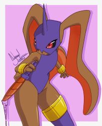 Rule 34 | 1girl, animal ears, animal nose, artist name, bracelet, brown fur, carrot, creatures (company), fakemon, furry, furry female, game freak, highres, horns, jewelry, leotard, mask, nanaeljustice, nintendo, original, pokemon, pokemon (creature), purple leotard, rabbit ears, rabbit tail, red eyes, sword, tail, thick thighs, thighs, weapon, wide hips