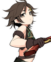 Rule 34 | 1girl, brown eyes, brown hair, camouflage, character request, crop top, eiketsu taisen, from side, gun, hair ornament, hairclip, highres, holding, holding gun, holding weapon, l-trap, parted bangs, short eyebrows, short hair, simple background, solo, thick eyebrows, weapon, white background