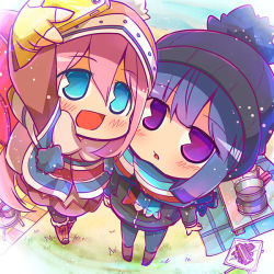 Rule 34 | 2girls, :d, beanie, black headwear, blue eyes, blue hair, blush, boots, brown footwear, cellphone, chibi, coat, commentary, fingerless gloves, foreshortening, from above, full body, gloves, hair between eyes, hat, holding, holding phone, kagamihara nadeshiko, knee boots, long hair, long sleeves, looking at viewer, looking up, multiple girls, open mouth, pantyhose, phone, pink coat, pink hair, purple eyes, scarf, selfie, shima rin, sidelocks, smartphone, smile, standing, striped clothes, striped scarf, suntail, tent, winter clothes, yellow gloves, yurucamp