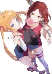 Rule 34 | 2girls, absurdres, baseball bat, blonde hair, blue eyes, breasts, blowing bubbles, candy, chewing gum, commentary request, commission, earrings, food, gym shorts, highres, holding, holding baseball bat, holding candy, holding food, holding lollipop, io naomichi, jewelry, large breasts, lollipop, long hair, looking at viewer, multiple girls, red hair, shirt, short hair, shorts, simple background, skeb commission, sleeveless, thighhighs, twintails, uniform, white background, white legwear, yellow eyes