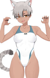 Rule 34 | 1girl, :d, absurdres, ameiarts, animal ear fluff, animal ears, armpits, black nails, borrowed character, breasts, brown eyes, cat ears, cat girl, cat tail, claw pose, collarbone, cowboy shot, earrings, extra ears, grey hair, highres, jewelry, kara (vertigris), looking at viewer, medium breasts, nail polish, one-piece swimsuit, one-piece tan, open mouth, original, smile, solo, stud earrings, swimsuit, tail, tan, tanline