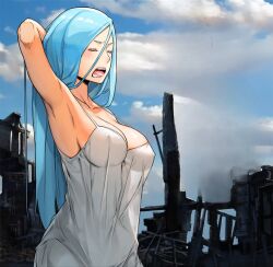 Rule 34 | 1girl, arms up, blue eyes, blush, city, closed eyes, dress, elleyra (her summon), grey dress, her summon, long hair, open mouth, very long hair