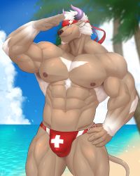 Rule 34 | 1boy, abs, absurdres, animal ears, bara, bare pectorals, beach, bulge, camouflage, camouflage headwear, chest hair, cow ears, cow horns, cowboy shot, cross print, furry, furry male, hand on own hip, hand up, headband, highres, horns, keijimohumohu, large pectorals, looking to the side, male focus, male swimwear, medic, minotaur, muscular, muscular male, navel, nipples, pectorals, print male swimwear, print swim briefs, print swimsuit, purple eyes, purple horns, red male swimwear, red swim briefs, shennong (housamo), short hair, smile, solo, stomach, swim briefs, swimsuit, thick thighs, thighs, tokyo houkago summoners, white hair