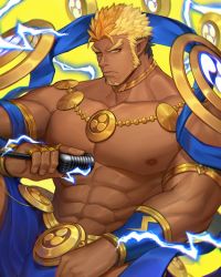 Rule 34 | 1boy, abs, bara, bare pectorals, blonde hair, brown hair, bulge, dark-skinned male, dark skin, facial hair, forked eyebrows, frown, goatee, gyee, highres, large pectorals, lightning, long sideburns, looking at viewer, male focus, mature male, muscular, muscular male, navel, nipples, orange eyes, orange hair, pectorals, pelvic curtain, pointy ears, raikoh (paradiso guardian), revealing clothes, sdz (inazuma), short hair, sideburns, solo, spread legs, stomach