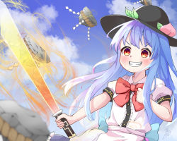 Rule 34 | 1girl, black headwear, blouse, blue hair, blue sky, blurry, blurry foreground, bow, bowtie, cloud, food, fruit, grin, highres, hinanawi tenshi, holding, holding sword, holding weapon, karuthi, keystone, leaf, long hair, outdoors, peach, puffy short sleeves, puffy sleeves, red bow, red bowtie, red eyes, rope, shide, shimenawa, shirt, short sleeves, sky, smile, solo, sword, sword of hisou, touhou, upper body, v-shaped eyebrows, weapon, white shirt