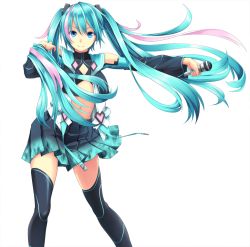 Rule 34 | 1girl, black bra, black thighhighs, blue eyes, blue hair, blue nails, bra, flat chest, floating hair, hair between eyes, hair ornament, hatsune miku, holding, holding microphone, koji (koji-a), long hair, looking at viewer, microphone, midriff, miniskirt, multicolored hair, nail polish, navel, pink hair, pleated skirt, project diva (series), project diva x, simple background, skirt, smile, solo, standing, stomach, thighhighs, twintails, two-tone hair, underwear, very long hair, vocaloid, white background, zettai ryouiki