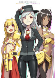 Rule 34 | 3girls, adjusting clothes, adjusting headwear, ahoge, armor, bikini armor, black gloves, black hat, black pants, blazer, blonde hair, blush, breasts, brown hair, buttons, cape, character name, cleavage, cloba, copyright name, cowboy shot, dark-skinned female, dark skin, edmond dantes (fate), edmond dantes (first ascension) (fate), fate/grand order, fate (series), fingerless gloves, genderswap, genderswap (mtf), gilgamesh-ko, gilgamesh (fate), gloves, gold trim, grey hair, grin, groin, hand on own hip, hat, highres, jacket, jewelry, long hair, long sleeves, looking at viewer, medium breasts, multiple girls, navel, necklace, open mouth, ozymandias (fate), pants, red eyes, red neckwear, shirt, skin tight, small breasts, smile, standing, tattoo, white cape, white shirt, yellow eyes