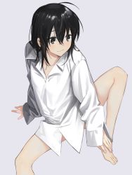 Rule 34 | 1girl, ahoge, arm support, black hair, blush, female focus, hands on feet, highres, original, oversized clothes, oversized shirt, purple background, shirt, simple background, sitting, smile, solo, white shirt, xxxsoiu1