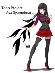 Rule 34 | 1girl, alternate costume, black hair, black wings, camera, casual, character name, contemporary, copyright name, female focus, full body, gmot, high heels, highres, kneehighs, kunreishiki, long hair, looking at viewer, nail polish, necktie, one eye closed, open mouth, pleated skirt, red eyes, romaji text, shameimaru aya, shoes, skirt, smile, socks, solo, thighhighs, touhou, vest, white background, wings, wink, zettai ryouiki