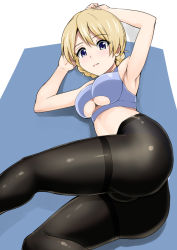 Rule 34 | 10s, 1girl, alternate costume, armpits, arms up, ass, blonde hair, blue eyes, blush, braid, breasts, cleavage, clothing cutout, crop top, darjeeling (girls und panzer), dyne gallon, eyebrows, from above, girls und panzer, hair between eyes, looking at viewer, lying, midriff, no pants, on side, panties, panties under pantyhose, pantyhose, parted lips, sleeveless, solo, tank top, thighband pantyhose, underboob, underboob cutout, underwear