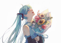 Rule 34 | 1girl, 2020, absurdres, backlighting, bare shoulders, blue eyes, blue hair, blue ribbon, blunt bangs, blush, bouquet, collared shirt, dated, detached sleeves, eyelashes, flat chest, flower, hands on own chest, hatsune miku, head back, hidari (7853055), highres, holding, holding bouquet, holding flower, leaf, light particles, long hair, looking up, open mouth, pink flower, pink rose, plant, ribbon, rose, shaded face, shirt, simple background, sleeveless, sleeveless shirt, solo, sunflower, teeth, twintails, upper body, very long hair, vocaloid, white background, white flower, white rose, white shirt, yellow flower