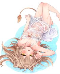 Rule 34 | 1girl, animal ears, barefoot, claw pose, covered erect nipples, dress, festa11307070, flat chest, highres, indie virtual youtuber, light brown hair, lion ears, lion girl, lion tail, long hair, looking at viewer, lying, on back, open mouth, rurudo lion, rurudo lion (1st costume), see-through, signature, smile, solo, tail, virtual youtuber, wet, wet clothes, white dress, yellow eyes
