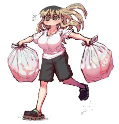 Rule 34 | 1girl, black shorts, blonde hair, blush, breasts, brown eyes, cleavage, crocs, flying sweatdrops, highres, holding, kinjo no hito no nakimushi, large breasts, long hair, no mouth, ochiai (kinjo no hito no nakimushi), official alternate costume, outstretched arms, shirt, shoes, shorts, spread arms, t-shirt, trash bag, white background, white shirt, zyugoya