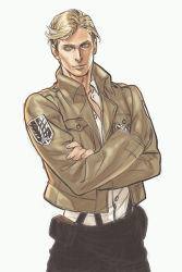Rule 34 | 1boy, black pants, blonde hair, blue eyes, breast pocket, brown jacket, buttons, collared shirt, cowboy shot, crossed arms, dress shirt, erwin smith, jacket, long sleeves, male focus, manly, pants, pocket, shingeki no kyojin, shirt, simple background, solo, suspenders, white background, white shirt, wing collar, wolfina