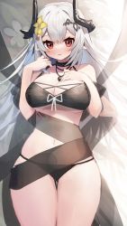 Rule 34 | 1girl, absurdres, arknights, bare shoulders, bikini, black bikini, black ribbon, blush, breasts, cleavage, commentary request, cowboy shot, flower, hair flower, hair ornament, hand on own chest, highres, horns, infection monitor (arknights), jewelry, large breasts, long hair, looking at viewer, material growth, moti yousei, mudrock (arknights), mudrock (silent night) (arknights), necklace, official alternate costume, orange flower, oripathy lesion (arknights), parted lips, red eyes, red flower, ribbon, see-through, silver hair, simple background, solo, swimsuit, underboob, very long hair, white background