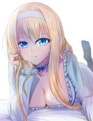 Rule 34 | 1girl, absurdres, alice zuberg, bed, bed sheet, blonde hair, blue eyes, blue ribbon, breasts, chinese commentary, choker, cleavage, closed mouth, collarbone, commentary, dress, english commentary, eyelashes, hair intakes, hairband, hand on own face, highres, large breasts, leg up, light smile, long hair, long sleeves, looking at viewer, lying, mixed-language commentary, on bed, on stomach, ribbon, ribbon-trimmed choker, ribbon-trimmed collar, ribbon-trimmed sleeves, ribbon trim, sidelocks, sigure yusyo, simple background, solo, sword art online, sword art online: alicization, upper body, white background, white dress, white hairband
