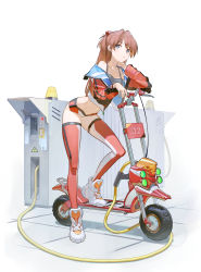 Rule 34 | 1girl, :o, alternate costume, ankle boots, bare shoulders, blue eyes, boots, breasts, brown hair, cleavage, collarbone, full body, hair ornament, hand on own neck, hand up, highres, jacket, leaning forward, long hair, long sleeves, looking at viewer, navel, neon genesis evangelion, off shoulder, open clothes, open jacket, parted lips, red jacket, red shorts, red thighhighs, short shorts, shorts, simple background, small breasts, solo, souryuu asuka langley, thighhighs, timbougami, unzipped, white background, white footwear