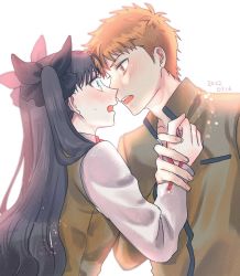 Rule 34 | 1boy, 1girl, black hair, blue eyes, blush, embarrassed, emiya shirou, fate/stay night, fate (series), highres, holding hands, homurahara academy school uniform, long hair, red hair, school uniform, short hair, tohsaka rin, twintails, two side up, white background, yc1, yellow eyes