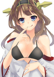 Rule 34 | 10s, 1girl, absurdres, bad id, bad pixiv id, bikini, bikini top only, black bikini, blue eyes, breasts, brown hair, cleavage, collarbone, double bun, finger to mouth, hair bun, headgear, highres, kantai collection, kongou (kancolle), large breasts, licking lips, long hair, looking at viewer, nontraditional miko, off shoulder, ribbon-trimmed sleeves, ribbon trim, rinto (rint rnt), shiny skin, simple background, smile, solo, swimsuit, tongue, tongue out, upper body, white background