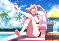 Rule 34 | 1girl, absurdres, akitokage, bare shoulders, barefoot, beach chair, beach umbrella, bikini, blush, breasts, cleavage, collarbone, fate/grand order, fate (series), feet, highres, legs, long hair, looking at viewer, medb (fate), medb (swimsuit saber) (fate), medb (swimsuit saber) (second ascension) (fate), medium breasts, open mouth, palm tree, pink hair, pool, sidelocks, sitting, smile, solo, swimsuit, tiara, tree, twintails, umbrella, white bikini, yellow eyes