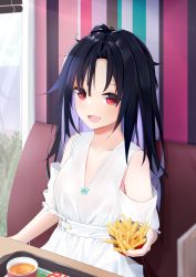 Rule 34 | 1girl, :d, absurdres, black hair, blue bow, bow, c-ms (girls&#039; frontline), clothing cutout, collarbone, dress, girls&#039; frontline, hair between eyes, highres, holding, indoors, kotoha (kotoha65), long hair, looking at viewer, multicolored hair, open mouth, red eyes, shoulder cutout, silver hair, sitting, smile, solo, two-tone hair, white dress