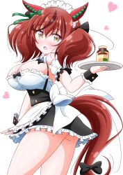 Rule 34 | alternate breast size, alternate costume, animal ears, apron, bottle, breasts, brown eyes, cleavage, commentary request, detached collar, enmaided, hair between eyes, hair ornament, heart, highres, horse ears, horse girl, horse tail, imai kazunari, large breasts, looking at viewer, maid, maid headdress, nice nature (umamusume), red hair, ribbon, simple background, tail, thighs, tray, umamusume, white background