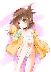 Rule 34 | 1girl, absurdres, bikini, brown eyes, brown hair, collarbone, commentary request, flat chest, folded ponytail, highres, hood, hooded jacket, hoodie, inazuma (kancolle), jacket, kantai collection, long hair, looking at viewer, lying, micro bikini, mouth hold, one-hour drawing challenge, solo, swimsuit, taisinkoku, tupet, white background, white bikini, yellow jacket