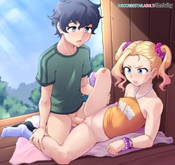 Rule 34 | 1boy, 1girl, bandaid, bare shoulders, black hair, blonde hair, blue eyes, blush, bottomless, breasts, collarbone, covered erect nipples, freckles, geewhy, hetero, highres, open mouth, oshiete! galko-chan, panties, panties around leg, panties aside, purple panties, pussy, sex, shiny, shiny hair, shiny skin, short hair, short twintails, small breasts, teeth, tsunno, twintails, uncensored, underwear, upper teeth, vaginal, wristband