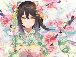 Rule 34 | 1girl, animal ear fluff, animal ears, black hair, cat ears, cherry blossoms, floral print, flower, gradient hair, green kimono, hair between eyes, holding hands, highres, japanese clothes, kimono, long sleeves, looking at viewer, multicolored hair, nail polish, petals, pink flower, pink nails, princess connect!, princess connect!, print kimono, shiori (princess connect!), silver hair, smile, two-tone hair, upper body, waterring, yellow eyes