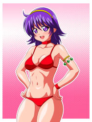 Rule 34 | 1girl, armlet, asamiya athena, athena (series), bikini, breasts, choker, cowboy shot, gradient background, halftone, halftone background, hands on own hips, inferno (nanbu14), looking at viewer, medium breasts, navel, open mouth, pink background, princess athena, purple eyes, purple hair, red bikini, short hair, snk, solo, swimsuit, the king of fighters, wristband