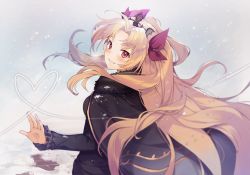 Rule 34 | 1girl, :d, ahoge, black cape, black dress, blonde hair, blush, cape, dress, ereshkigal (fate), fate/grand order, fate (series), frilled sleeves, frills, from behind, fur collar, fur trim, gradient background, grey background, hair ribbon, heart, heart of string, long hair, long sleeves, looking at viewer, looking back, nagu, open mouth, red eyes, red ribbon, ribbon, smile, snow, snowing, solo, tiara, tohsaka rin, upper body, very long hair