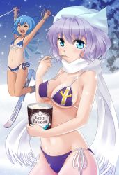 Rule 34 | 2girls, :d, ^ ^, adapted costume, armpits, arms up, bikini, blue eyes, blue hair, borden, breasts, cirno, closed eyes, eating, flat chest, food, hat, holding, holding spoon, ice cream, jumping, letty whiterock, light purple hair, looking at viewer, medium breasts, multiple girls, navel, one-piece tan, open mouth, outstretched arms, perfect cherry blossom, scarf, shimouki izui, short hair, side-tie bikini bottom, skiing, skis, smile, snow, spoon, string bikini, swimsuit, tan, tanline, touhou, utensil in mouth, white scarf
