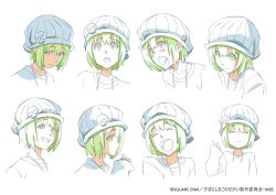 Rule 34 | 1girl, beanie, bitou raimu, expressions, facial expressions, female focus, happy, hat, highres, jewelry, looking at viewer, multiple views, necklace, official art, pout, short hair, simple background, skull, smile, subarashiki kono sekai, surprised