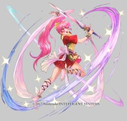 Rule 34 | 1girl, barefoot, belt, bow, bracelet, fire emblem, fire emblem: new mystery of the emblem, fire emblem heroes, full body, grey background, jewelry, long hair, mayo (becky2006), nintendo, official art, open mouth, phina (fire emblem), pink eyes, pink hair, ponytail, solo, sparkle, sword, teeth, weapon