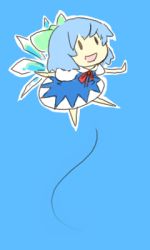 Rule 34 | 1girl, barefoot, blue background, chibi, cirno, dress, female focus, flat color, lowres, luft, shoot the bullet, simple background, solo, touhou, | |, || ||