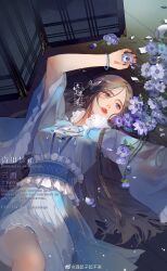 Rule 34 | 1girl, absurdres, blue dress, blue eyes, bracelet, braid, butterfly hair ornament, collar, douluo dalu, dress, flower, folding screen, frilled collar, frilled sash, frills, hair ornament, highres, indoors, jewelry, long hair, long sleeves, lying, mili guli du shi fan, ning rongrong (douluo dalu), on back, parted lips, purple flower, sash, second-party source, single bare leg, solo, teeth, tiara, upper body, watermark