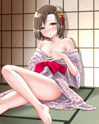 Rule 34 | 1girl, bad id, bad pixiv id, bare shoulders, barefoot, bleach, blush, breasts, brown eyes, brown hair, cleavage, floral print, hair ornament, hand on own chest, hinamori momo, indoors, japanese clothes, kimono, kurage1, looking at viewer, obi, off shoulder, on floor, parted bangs, print kimono, sash, shadow, short hair, sliding doors, small breasts, solo, tatami, upskirt