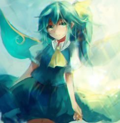 Rule 34 | 1girl, ascot, bow, daiyousei, fairy, fairy wings, green hair, hair bow, hair ornament, long hair, maho moco, ponytail, puffy sleeves, shirt, short sleeves, side ponytail, skirt, skirt set, smile, solo, touhou, vest, wings