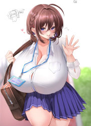 Rule 34 | 1girl, absurdres, ahoge, bag, blue skirt, blush, breasts, brown hair, chibi, chibi inset, cleavage, collared shirt, doinaka, gigantic breasts, hair intakes, heart, highres, id card, looking at viewer, low twintails, open mouth, original, purple eyes, school bag, school uniform, shirt, shirt tucked in, short hair, short twintails, skirt, smile, twintails, walking, waving