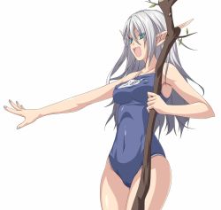 Rule 34 | 1girl, aqua eyes, breasts, covered erect nipples, elf, female focus, fingernails, full body, highres, horarezonu, jpeg artifacts, long hair, one-piece swimsuit, open mouth, pointy ears, school swimsuit, silver hair, simple background, solo, staff, swimsuit, white background