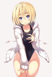 Rule 34 | 1boy, androgynous, armin arlert, blonde hair, blue eyes, blush, competition swimsuit, crossdressing, grey background, highres, hood, hoodie, male focus, one-piece swimsuit, open clothes, open hoodie, shingeki no kyojin, short hair, simple background, solo, sweat, swimsuit, tel-o, thigh gap, trap