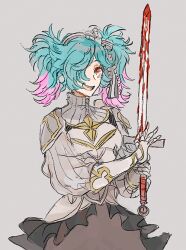 Rule 34 | 1girl, armor, blood, bloody weapon, blue hair, fire emblem, fire emblem fates, hair over one eye, holding, holding sword, holding weapon, multicolored hair, nintendo, open mouth, peri (fire emblem), red eyes, shourou kanna, smile, sword, teeth, turtleneck, twintails, two-tone hair, upper teeth only, weapon