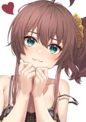 Rule 34 | 1girl, :3, absurdres, ahoge, black camisole, blush, brown hair, camisole, closed mouth, collarbone, green eyes, hair ornament, hair scrunchie, heart, highres, hololive, long hair, looking at viewer, natsuiro matsuri, natsuiro matsuri (matsuri&#039;s day off), scrunchie, side ponytail, sidelocks, smile, starkamisan, strap slip, upper body, virtual youtuber